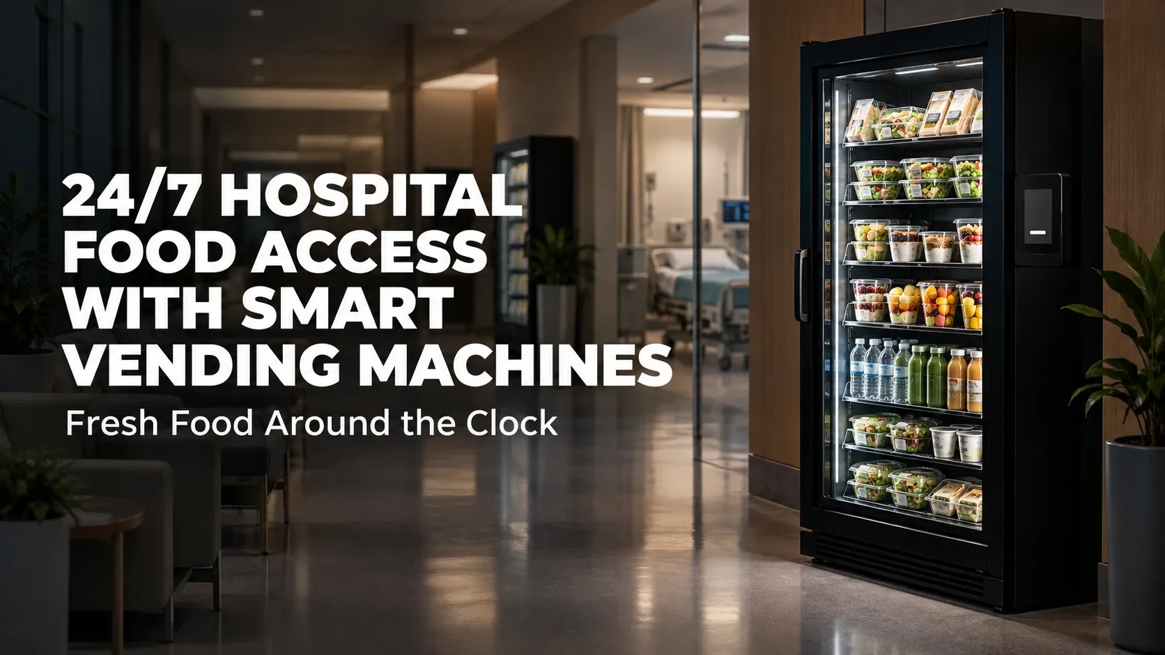 Smarter Verkaufskühlschrank mit frischem Essen in einem Krankenhausflur bei Nacht