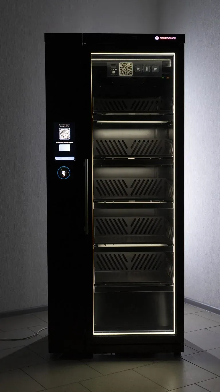 Black cabinet with a glass door and empty shelves, a screen with a QR code on the front panel