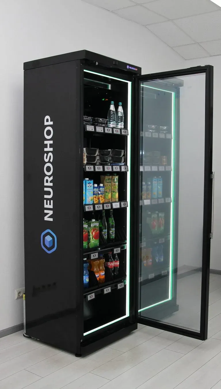 Open lit Neuroshop cabinet, bottled water, prepared salads and juice on shelves edged with electronic shelf labels