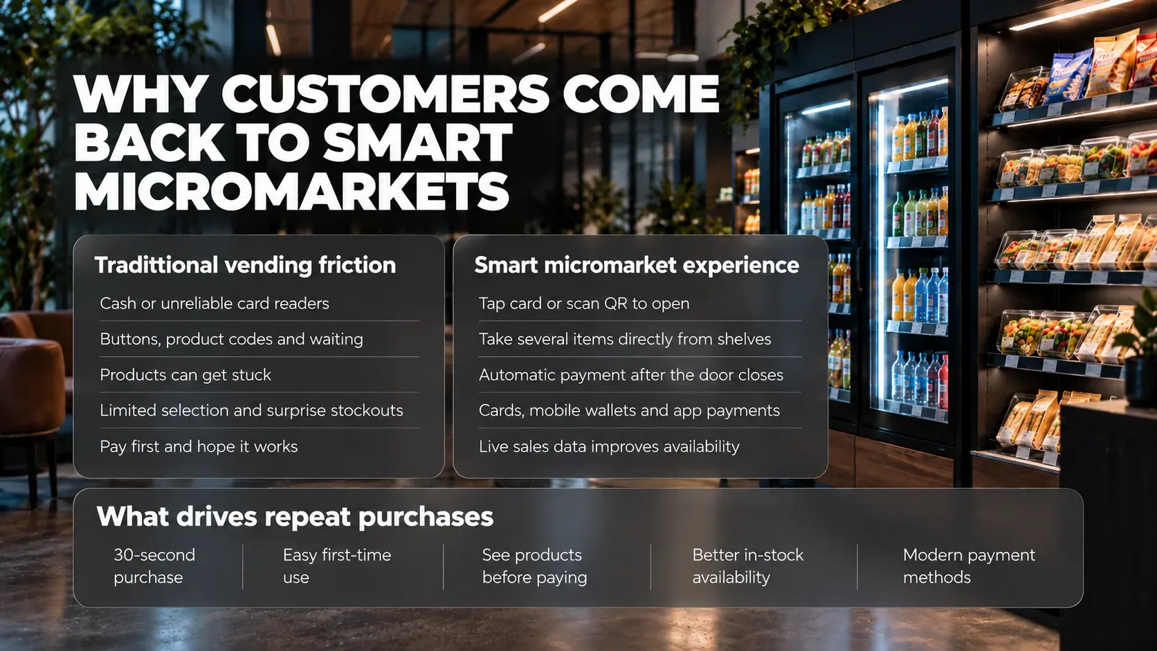 Pourquoi les clients reviennent aux micro-marchés intelligents : les frictions du vending traditionnel face à un achat en 30 secondes qui stimule les achats répétés.