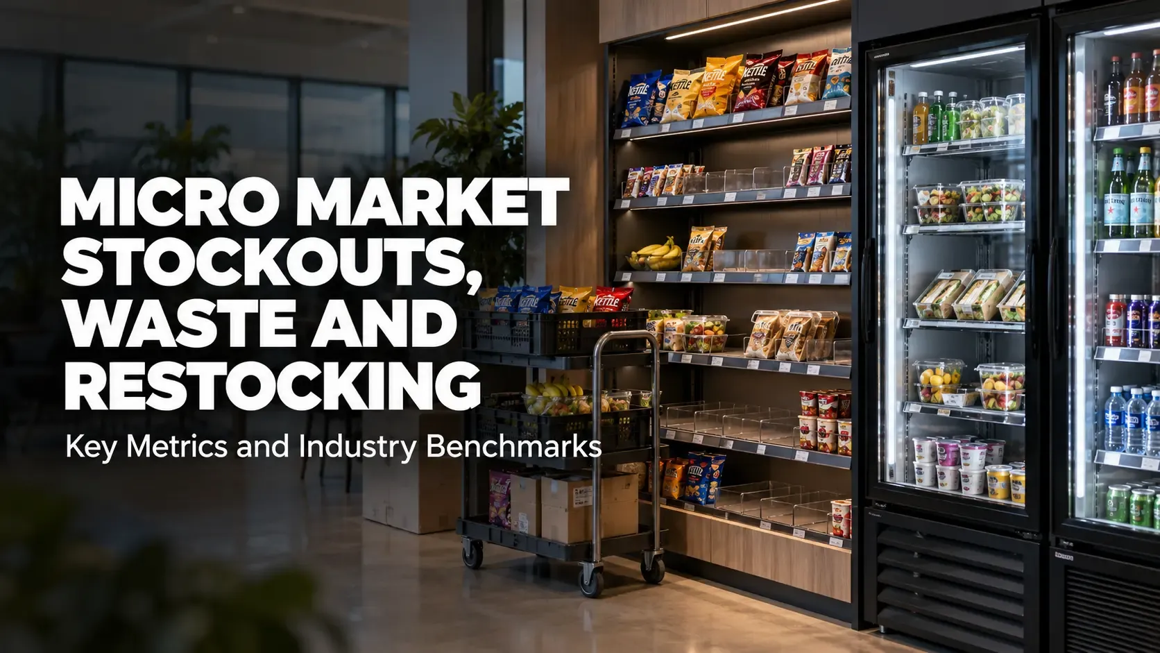 Office micro market with a snack rack and a chilled ready-meal fridge next to a restocking cart, under the headline on stockout, waste and restocking benchmarks