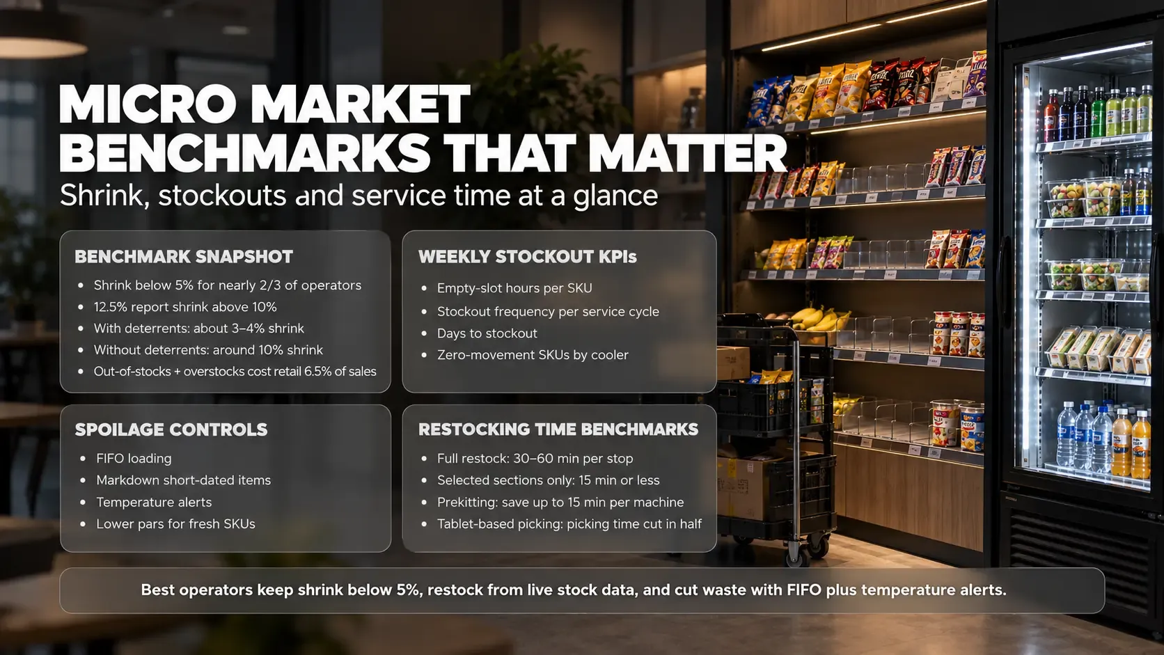 Micro market benchmarks in four panels: a shrink and stockout snapshot, weekly stockout KPIs, spoilage controls and restocking time benchmarks, with shrink near 3–4% under loss protection versus about 10% without and full restocking in 30–60 minutes