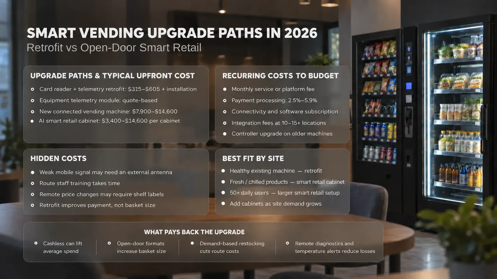 Ścieżki modernizacji smart vendingu w 2026 roku: warianty modernizacji z typowymi kosztami, koszty cykliczne i ukryte oraz co zapewnia zwrot z modernizacji