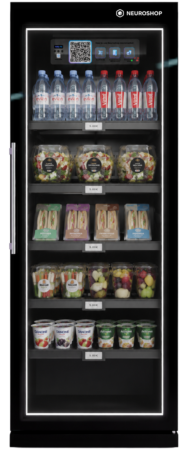 Neuroshop glass-door cooler with food assortment